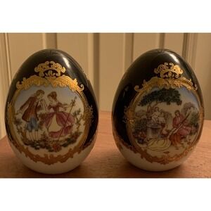 2 Vintage L.F Fine Porcelain‎ Limoges PRC Cobalt Blue Egg Fragonard 22k Foil